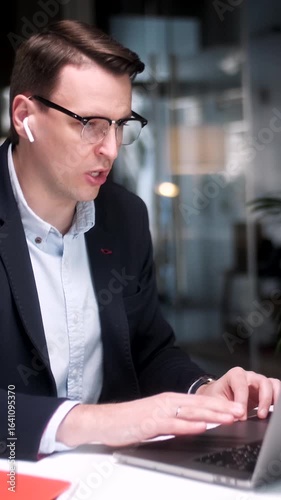 Businessman Talking On Video Conference Online In Office. Internet Online Meeting Conference In Webinar Talking Gesturing On Webcam.Speaker With Computer Video Call.Business Coach Social Working