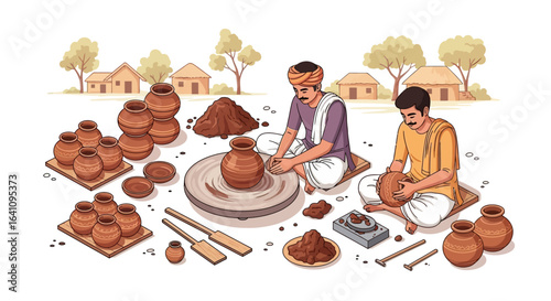 Two potters skillfully shaping clay on a pottery wheel and with hands.