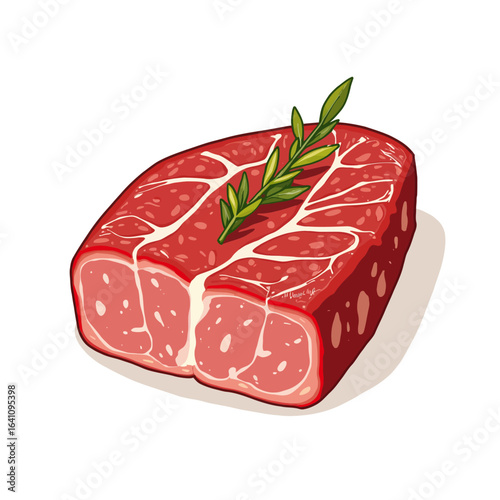 Realistic Illustration of Raw Meat Cut with Fresh Herb Garnish, Highlighting the Juiciness and Texture of the Product for Culinary Enthusiasts