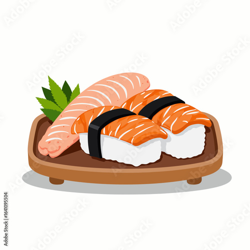 A Colorful Arrangement of Sushi on a Wooden Plate with Salmon and Fresh Ingredients Showcasing Culinary Artistry and Japanese Cuisine