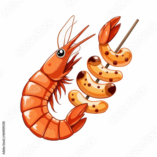 Delicious Shrimp and Grilled Skewered Snack: A Colorful Illustration of Tasty Seafood and Savory Treats in a Whimsical Style