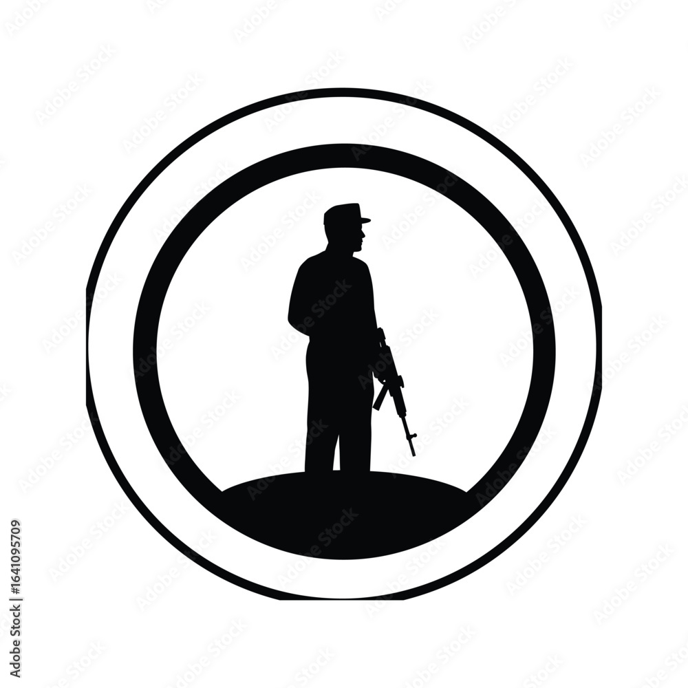 Obraz premium Silhouette of Soldier with Rifle in Circular Frame Military Security Guard Protection