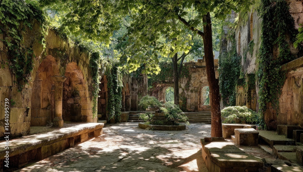 Naklejka premium Sunlit Courtyard Ruin Garden Peaceful Summer Retreat
