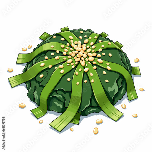 A Delectable Circular Dessert Topped with Delicious Green Leaves and Crunchy Seeds for a Unique Culinary Experience