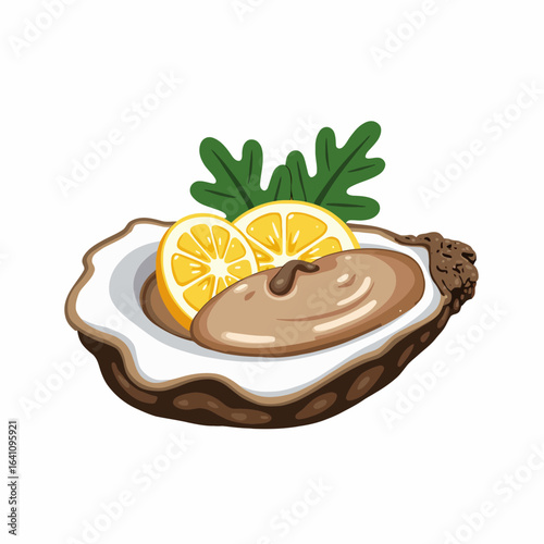 A Freshly Shucked Oyster with Lemon Slices and Garnish, Perfectly Plated for a Culinary Delight and Taste Experience