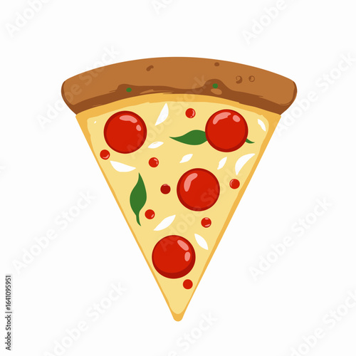 Delicious Slice of Pepperoni Pizza with Mozzarella Cheese and Fresh Basil Leaves on a Simple White Background