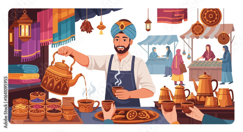 Vibrant illustration of a smiling chaiwala serving hot tea at a bustling traditional market bazaar.