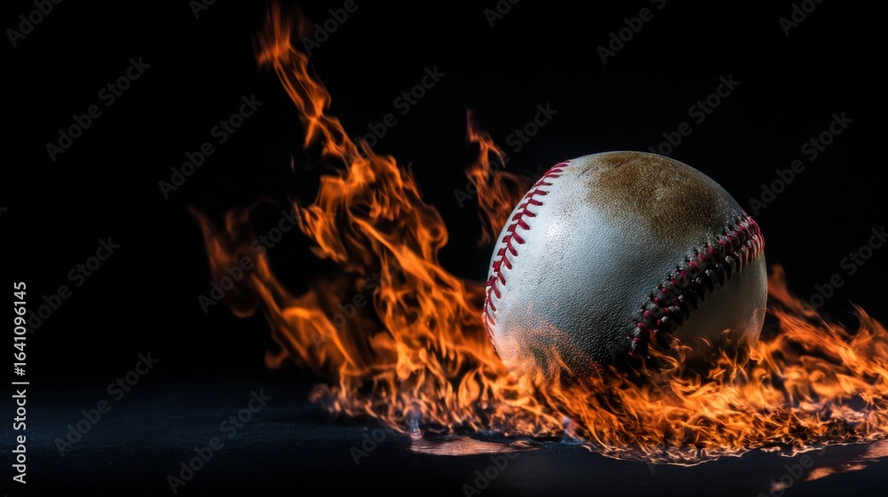 A white baseball with red stitching burns fiercely in the dark background while flames engulf the entire object, A white baseball with red stitching burns fiercely in the dark background while flames engulf the entire object,