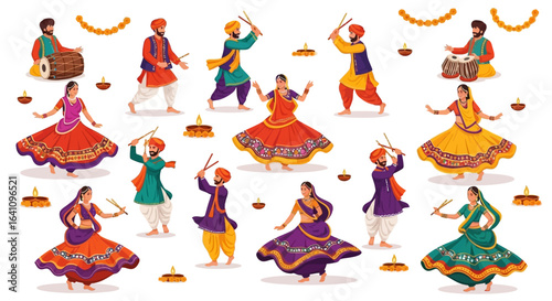 Vibrant Indian Festival Dancers and Musicians in Traditional Attire with Dandiya Sticks and Drums