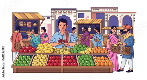 Vibrant Indian Fruit Market Scene with Diverse People and Abundant Produce