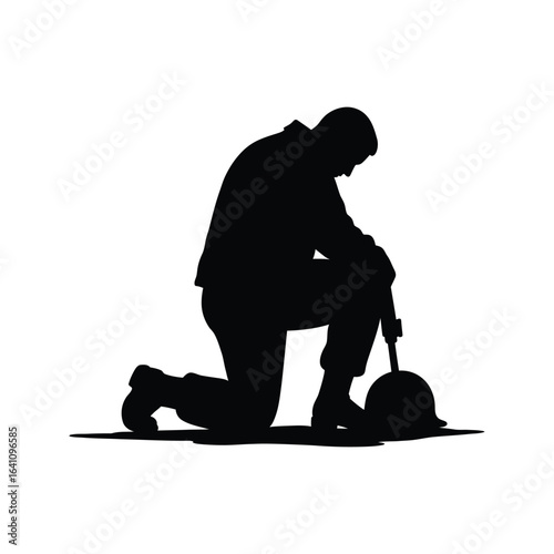 Silhouette of a kneeling man holding a jackhammer construction worker hard work labor industrial maintenance repair