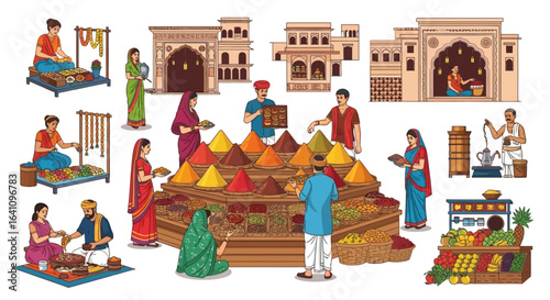 Vibrant Indian Market Scene with Diverse Vendors and Colorful Spices
