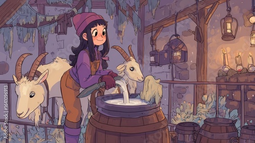 Young woman tending goats in a rustic barn.