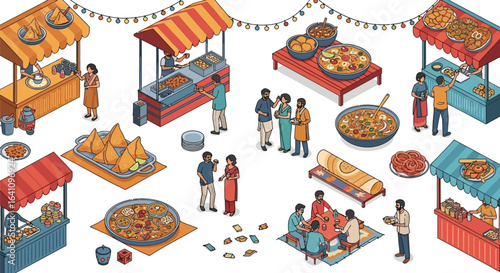 Vibrant Indian Street Food Scene with Diverse Dishes and People