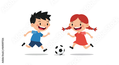 Two happy cartoon children, a boy and a girl, are energetically running and playing soccer with a black and white ball.