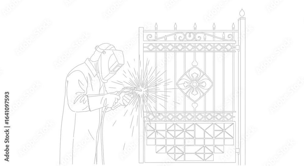 Fototapeta premium Welder in protective gear sparks while repairing ornate metal gate