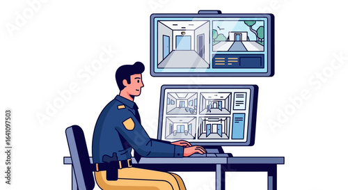 Vigilant security guard in a blue uniform at a workstation with surveillance monitors.