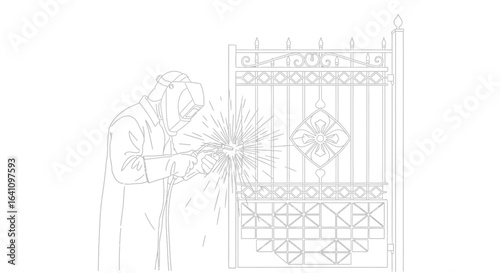 Welder in protective gear sparks while repairing ornate metal gate