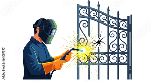 Welder Repairing Damaged Metal Gate with Bright Sparks and Flames