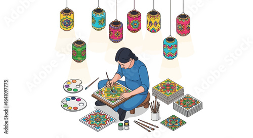 Woman artist meticulously painting intricate floral patterns on ceramic tiles