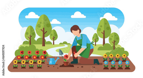 Woman Gardener Planting Flowers in a Park Setting