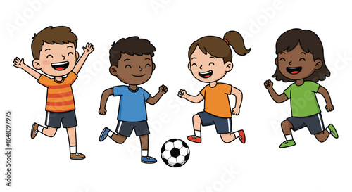 Four diverse cartoon children happily playing soccer together, running and smiling with a ball.