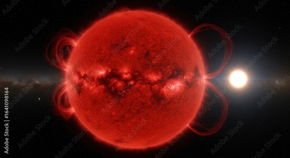 Naklejka premium Vibrant Red Star Displaying Intense Magnetic Fields and Energy Radiations