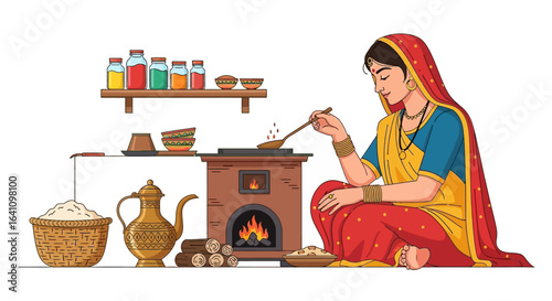 Woman in traditional Indian attire cooking on a wood-fired stove
