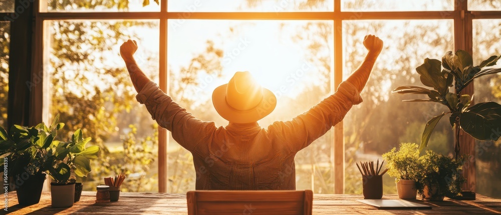 Obraz premium Person raises arms in joy near window on desk with plants. Sun shines on cryptocurrency trading from window during the day.