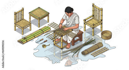 Woman Weaving Bamboo Furniture and Basket with Tools and Materials