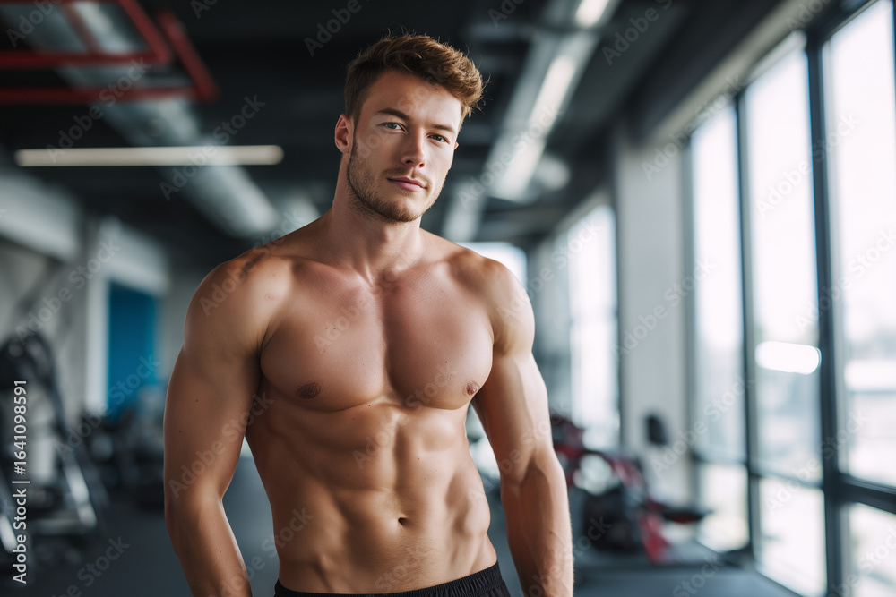 Fototapeta premium Fit muscular young man showing defined abs and chest in a modern gym with natural light