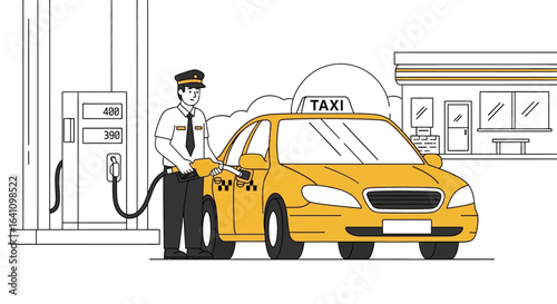 Yellow taxi receiving fuel from attendant at gas station