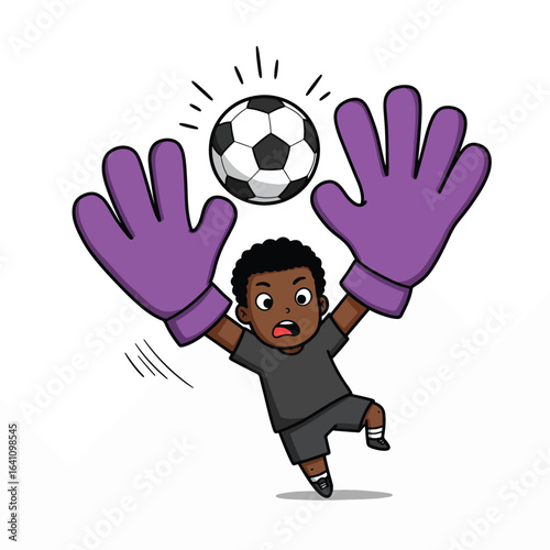 A determined young cartoon boy, wearing comically oversized purple goalkeeper gloves, leaps to intercept a soccer ball mid-air.