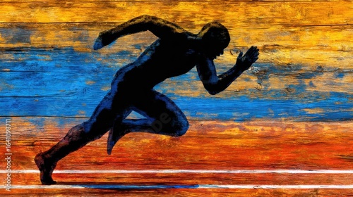 Silhouette of a runner on a textured wooden surface.