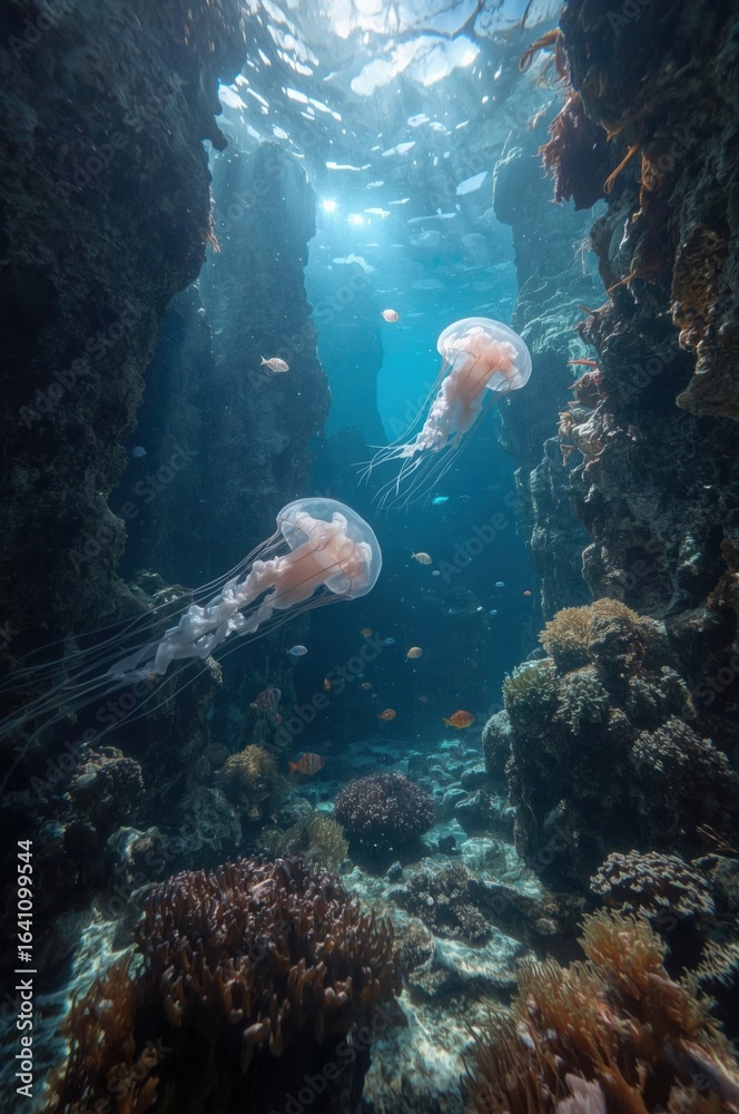 Fototapeta premium Sunlit Underwater Reef with Jellyfish and Coral