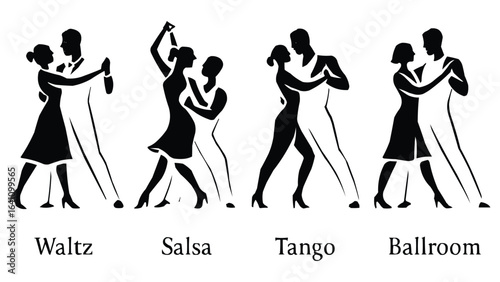 Silhouettes of couples dancing different styles of ballroom dance including waltz salsa tango and ballroom