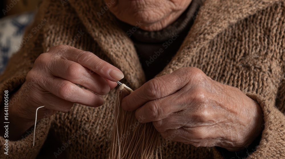 Fototapeta premium Close-up view of elderly hands engaged in needlework.