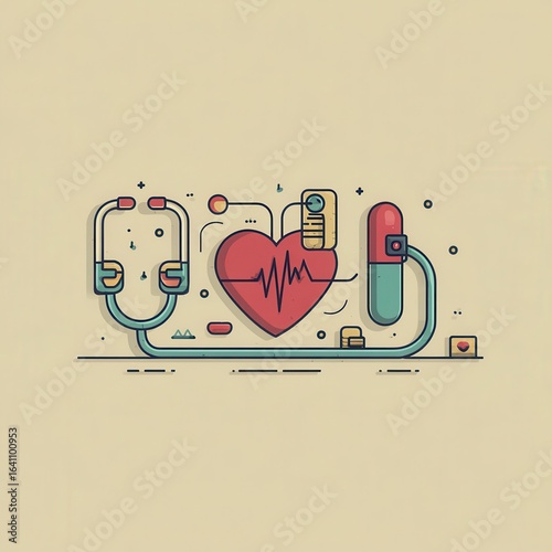 Health care illustration of a heart and stethoscope.