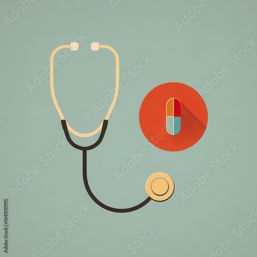 Stethoscope and pill graphic design.