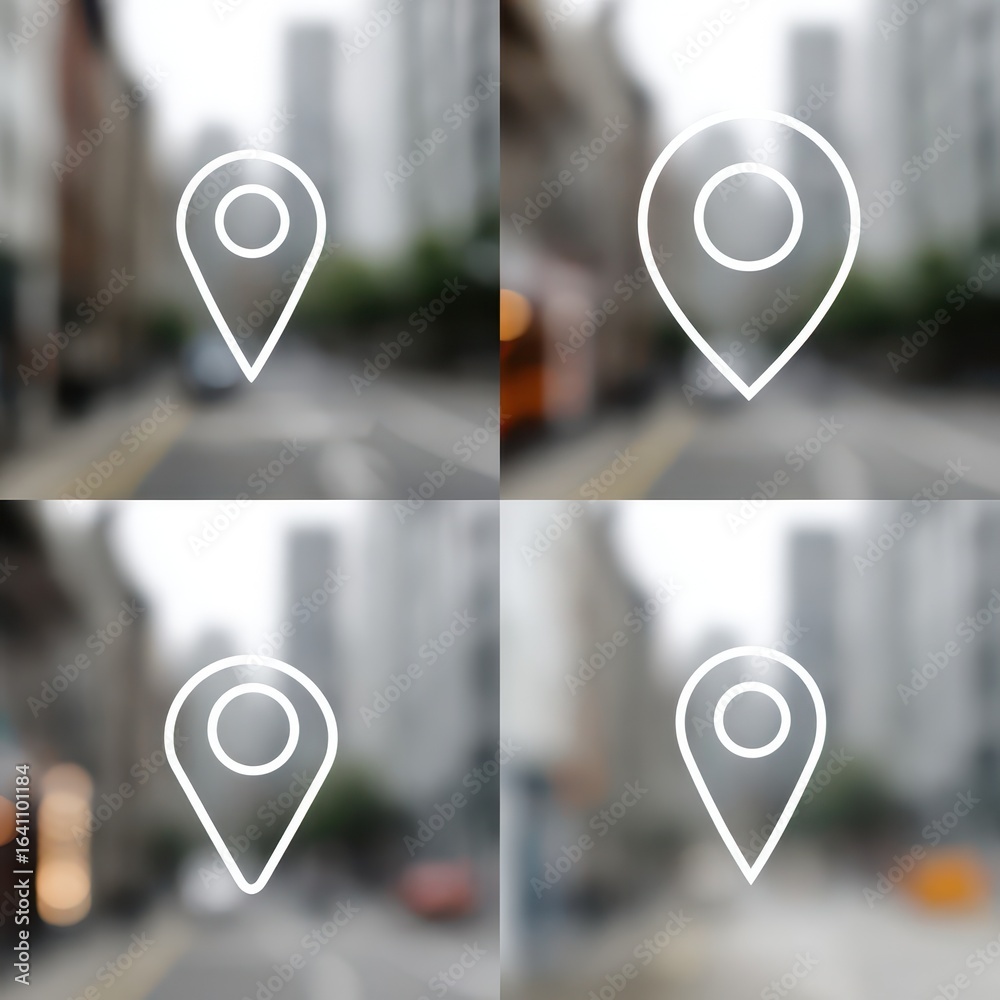 Fototapeta premium Four location marker icons set against a blurred city street scene.