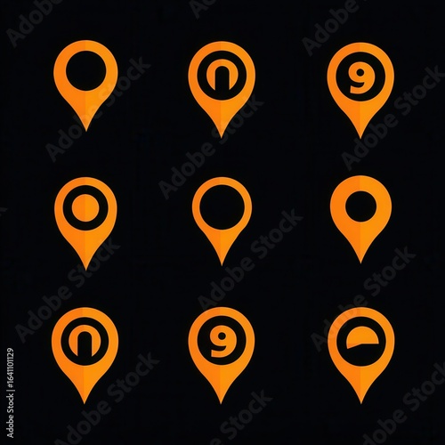 Collection of orange location markers on black background.