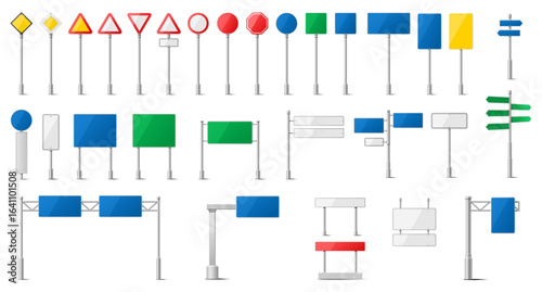 Diverse road traffic signs collection with various shapes and colors