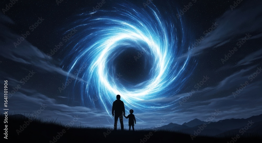 Fototapeta premium Father and child silhouette gazing at a mesmerizing swirling blue energy vortex portal in the night sky