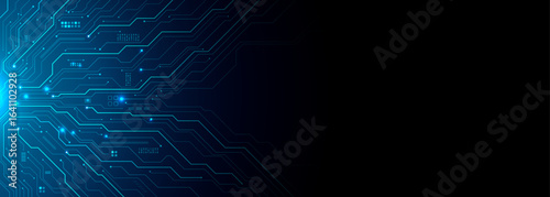 Circuit board components on a technology blue background. Horizontal web banner with empty place for text. AI chip on a futuristic chipset motherboard. Tech bg. Abstract digital vector illustration.