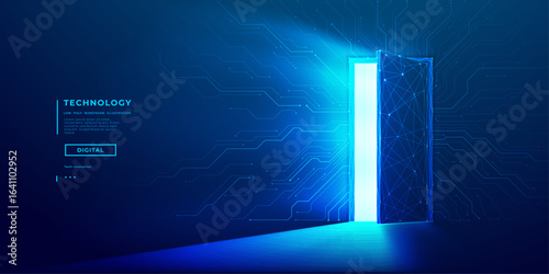 Digital open door with neon blue bright light. Circuit board on a wall. Computer innovation concept. Gateway to the world of AI. Technology background. Abstract low poly wireframe vector illustration.