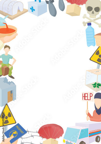 Cartoon style icons frame depicting refugee crisis support, providing essential aid and humanitarian assistance