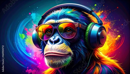 Colorful monkey with headphones