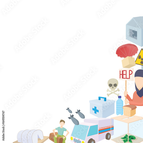 Cartoon style illustration depicting various aspects of a refugee crisis, including humanitarian aid, bombs, and refugees seeking help
