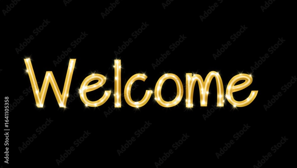 Obraz premium Golden welcome sign shining brightly against a black background, exuding elegance and hospitality, ideal for greeting guests or customers with a luxurious touch