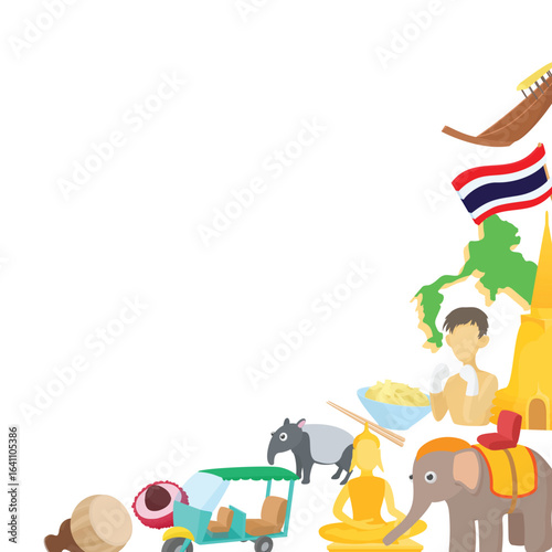 Cartoon illustrations representing various aspects of thai culture including food, religion, wildlife, and transportation